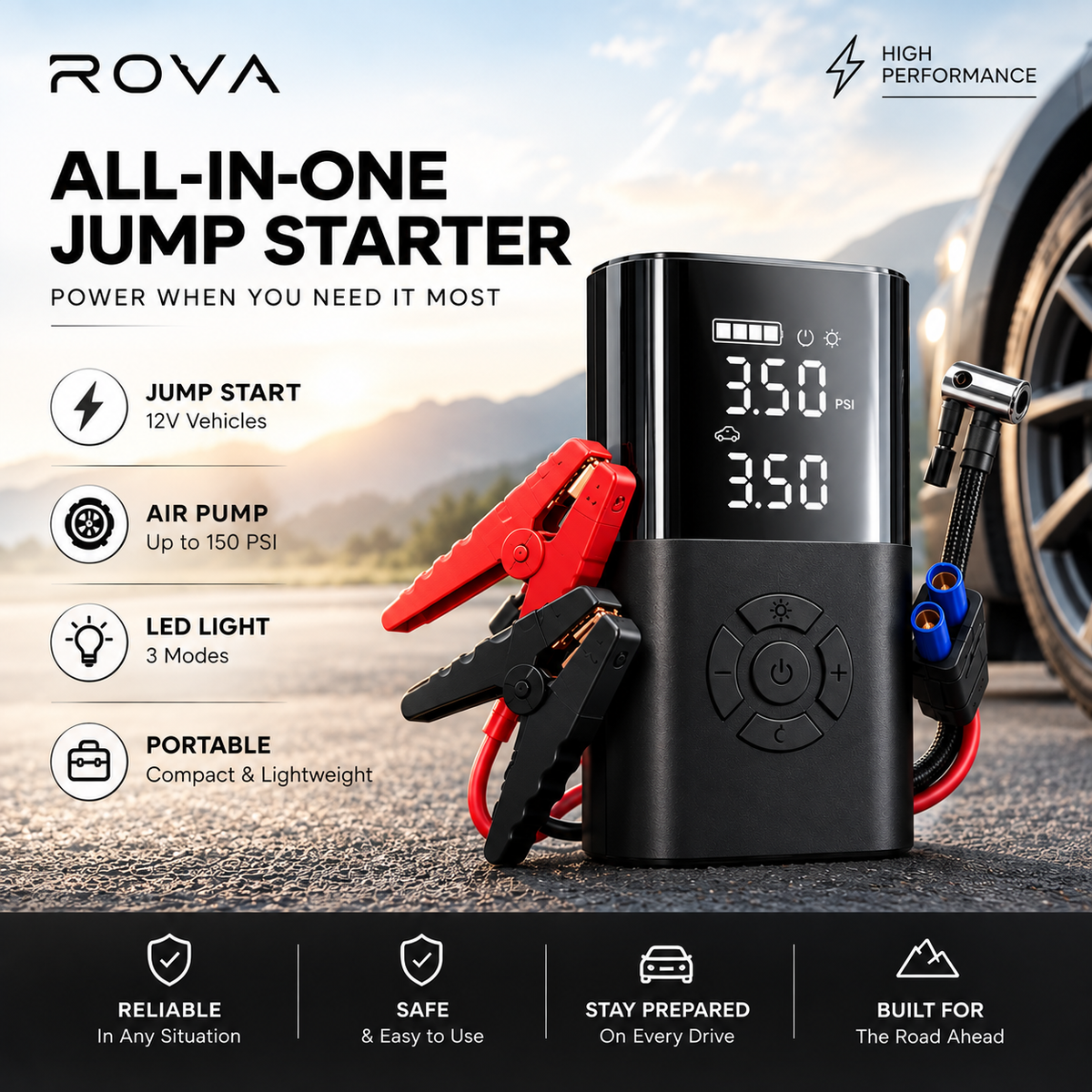 ROVA™ 3-in-1 Portable Jump Starter & Air Compressor